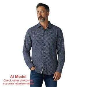 John Lennon Mens Lg L/S Button Shirt Navy Micro Print Embroidered Symbols Photo*